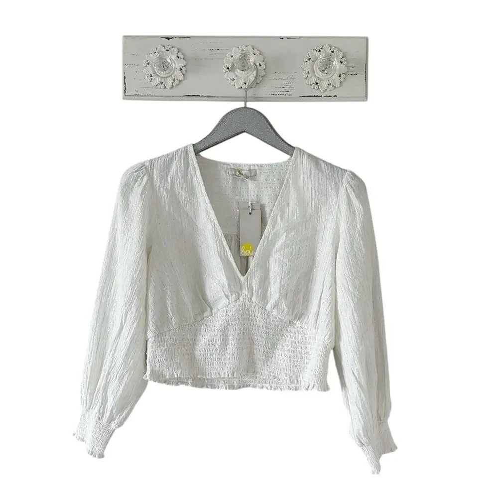 Boden Lurex Smocked Crop Top Ivory Crinkle NEW